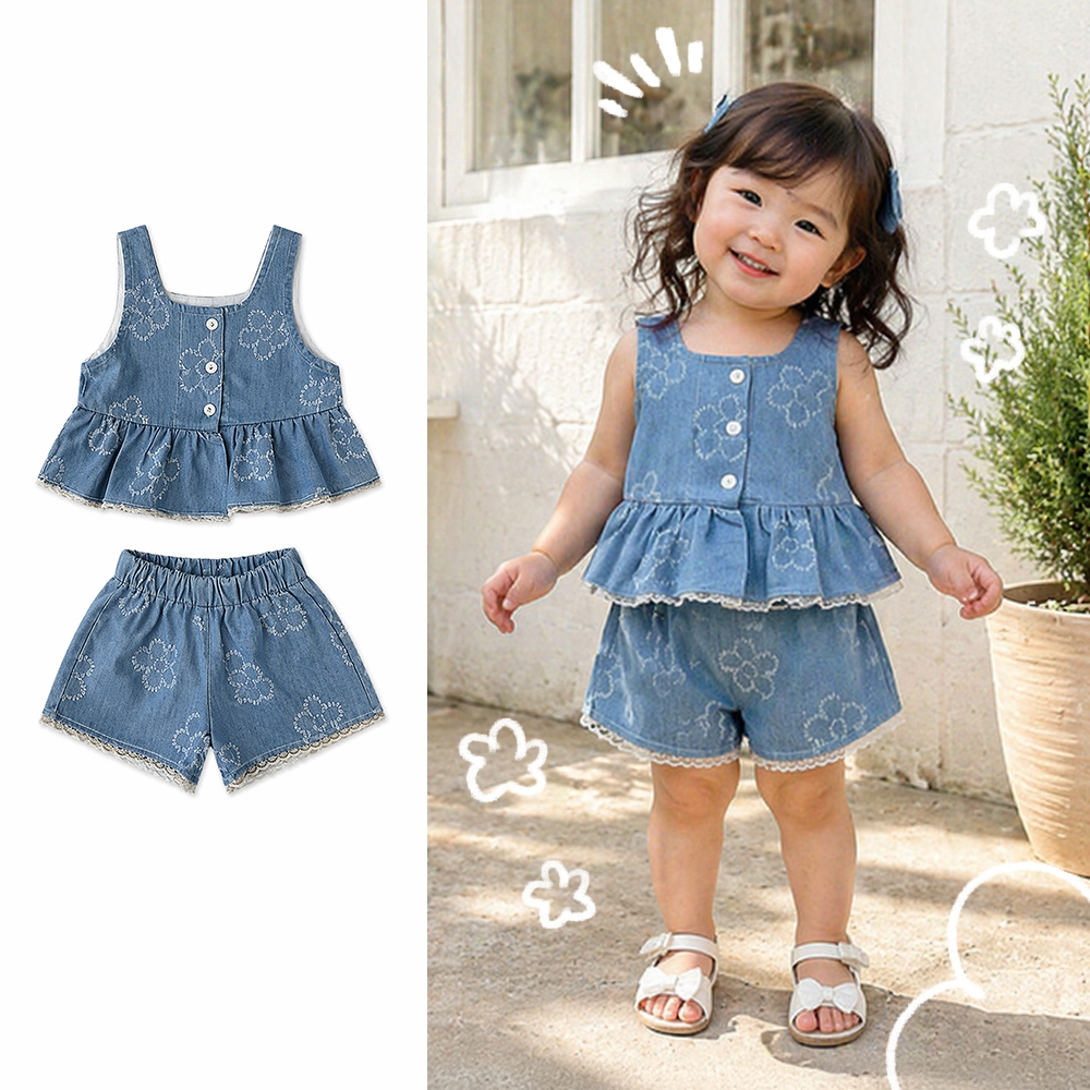 Girls 2pcs Set Embroidered Denim Dress 