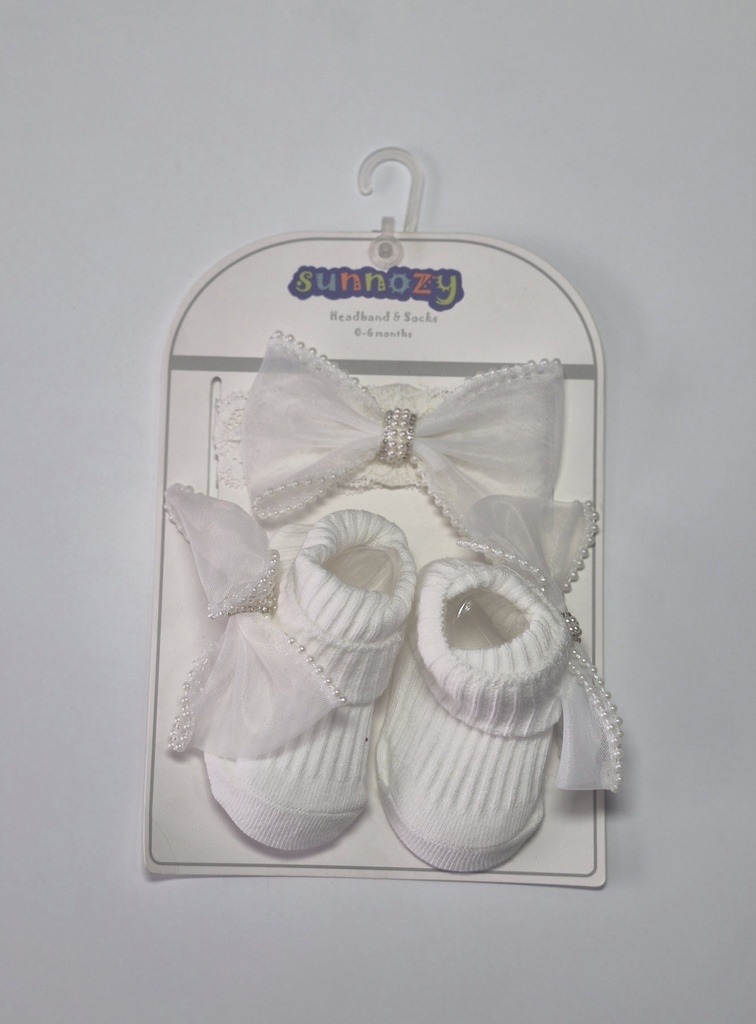 Sunnozy White Christening Hair Band & Socks Set