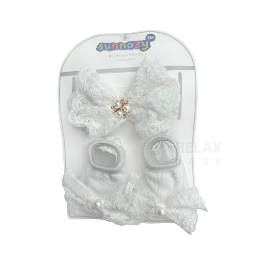 Sunnozy White Christening Hair Band & Socks Set