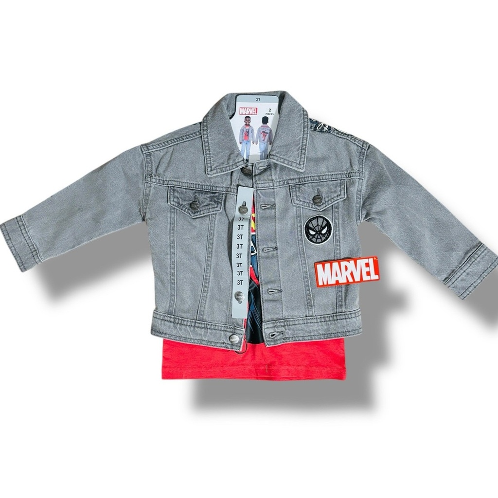 Marvel Spiderman Denim Jacket- Grey 2pcs Set Outfit