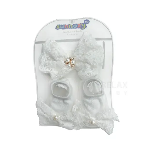 Sunnozy White Christening Hair Band & Socks Set
