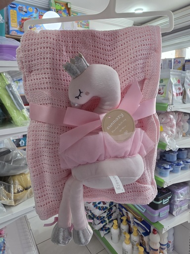 Baby knitted blanket with soft toy